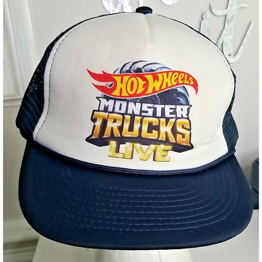 Hot Wheels Monster Trucks Live Trucker Hat Snapback Mesh Cap Blue White